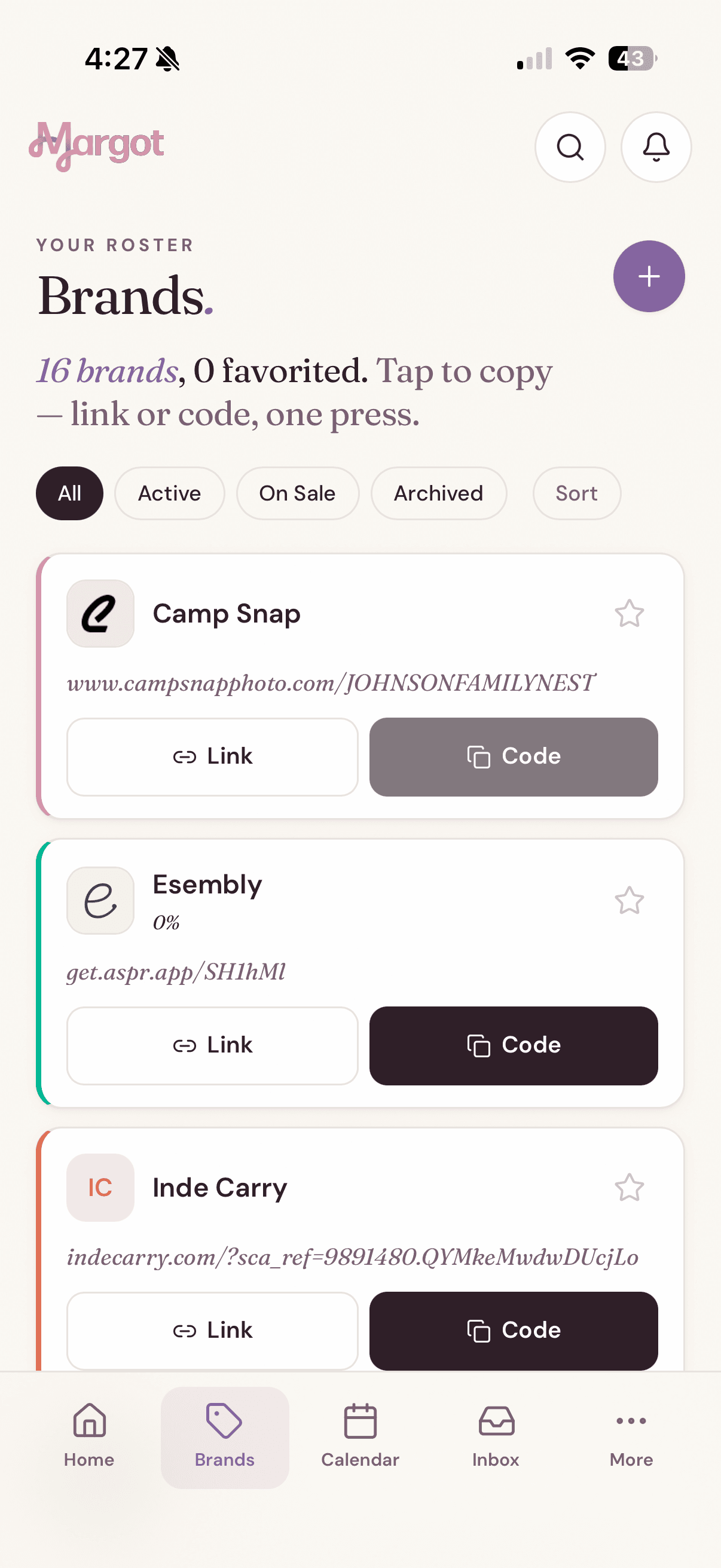 Margot app home screen showing brand deals and deadlines